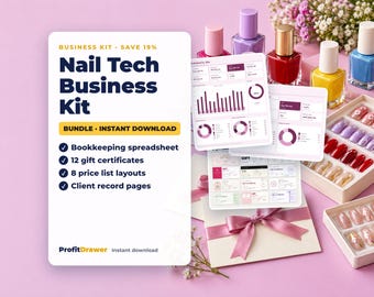 Nail Tech Business Kit | Bokföringsblad, presentkort, prislista, kundkort (Google Sheets + Excel)