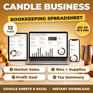 Candle Business bookkeeping spreadsheet for Google Sheets and Excel on laptop, tablet and phone