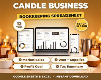 Kalkylblad för bokföring av ljusföretag, inkomst- och kostnadsspårning för ljustillverkare, marknadsförsäljning, skattesammanfattning (Google Sheets + Excel)