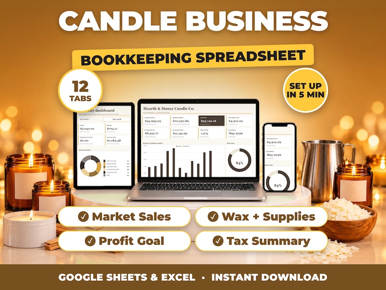 Candle Business bookkeeping spreadsheet for Google Sheets and Excel on laptop, tablet and phone