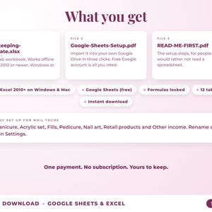What is included: 12-tab Excel workbook, Google Sheets setup guide and read-me-first guide
