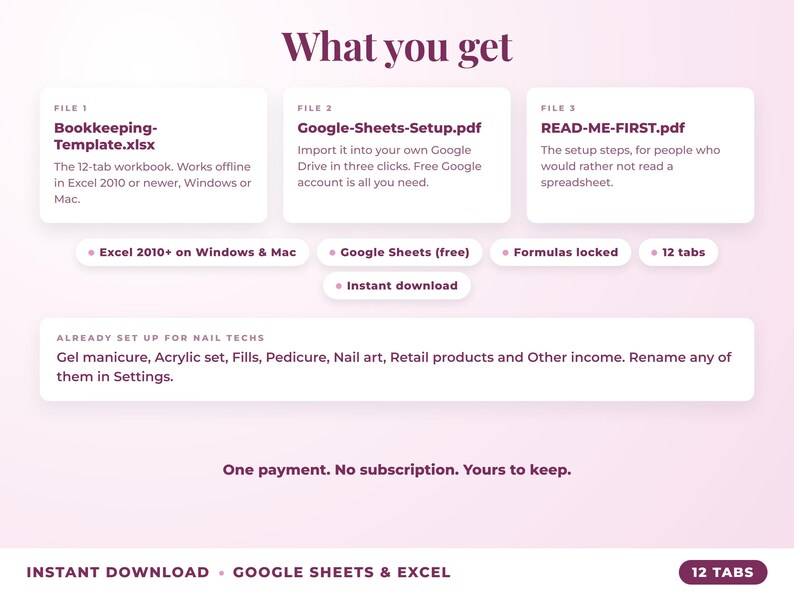 What is included: 12-tab Excel workbook, Google Sheets setup guide and read-me-first guide