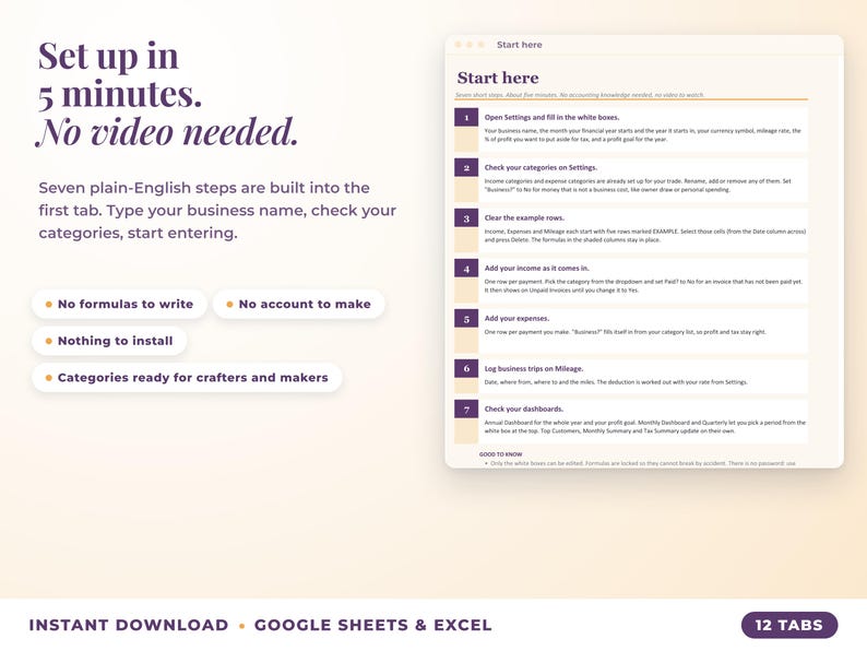 Start here tab with seven setup steps, no video needed