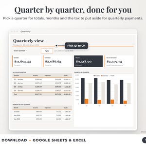 Quarterly view with quarter selector, quarterly totals, chart and tax set-aside