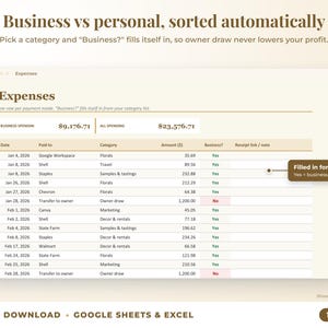 Expenses sheet where business or personal is filled in automatically from the category