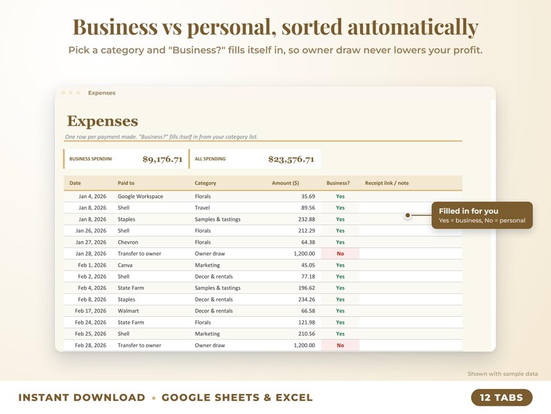 Expenses sheet where business or personal is filled in automatically from the category