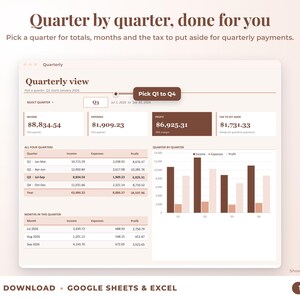 Quarterly view with quarter selector, quarterly totals, chart and tax set-aside