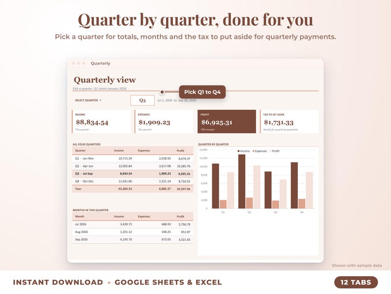 Quarterly view with quarter selector, quarterly totals, chart and tax set-aside