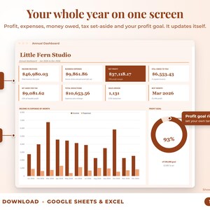 Annual dashboard with income, expenses, net profit, money owed, profit goal ring and category charts