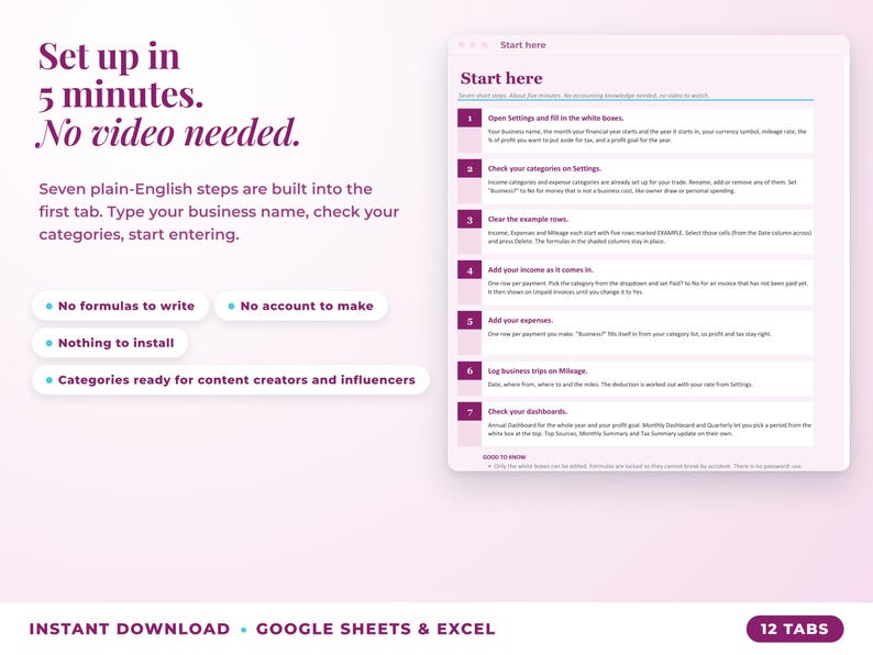 Start here tab with seven setup steps, no video needed