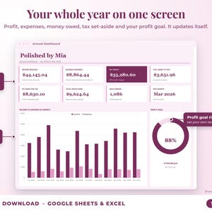 Annual dashboard with income, expenses, net profit, money owed, profit goal ring and category charts