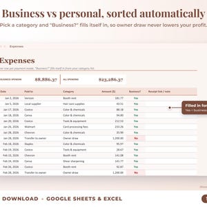 Expenses sheet where business or personal is filled in automatically from the category