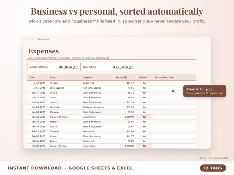 Expenses sheet where business or personal is filled in automatically from the category