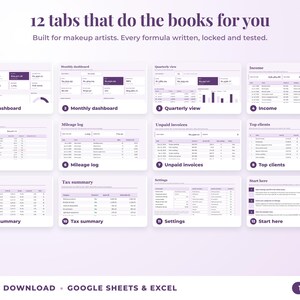 All 12 tabs of the bookkeeping spreadsheet: dashboards, income, expenses, mileage, unpaid invoices, top clients, tax summary