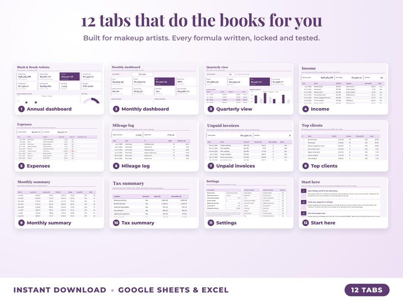 All 12 tabs of the bookkeeping spreadsheet: dashboards, income, expenses, mileage, unpaid invoices, top clients, tax summary