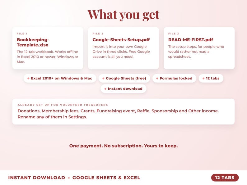 What is included: 12-tab Excel workbook, Google Sheets setup guide and read-me-first guide