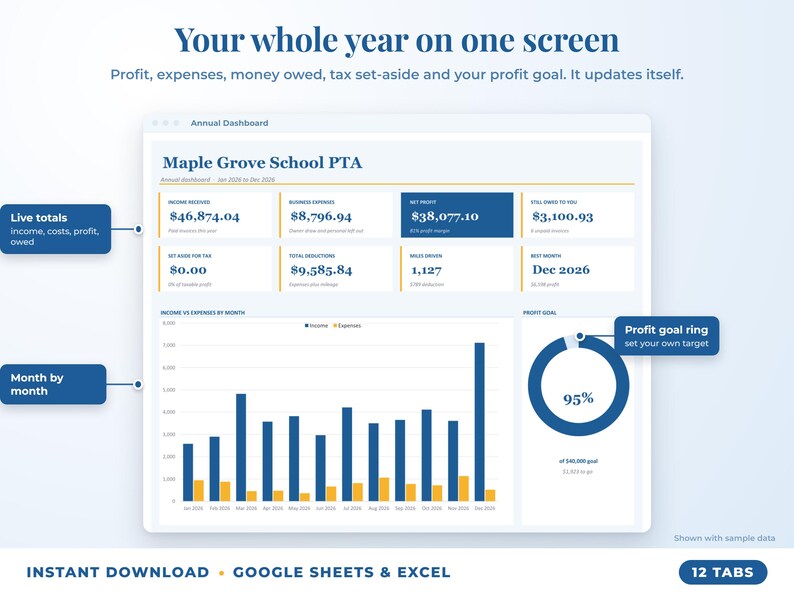 Annual dashboard with income, expenses, net profit, money owed, profit goal ring and category charts