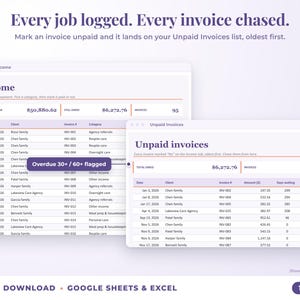 Income sheet and unpaid invoices list with overdue flags