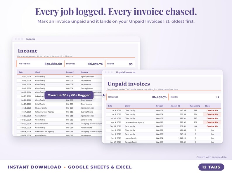 Income sheet and unpaid invoices list with overdue flags