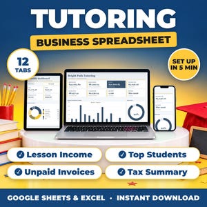 Tutoring bookkeeping spreadsheet for Google Sheets and Excel on laptop, tablet and phone