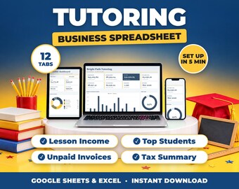 Kalkylblad för handledningsföretagsbokföring, inkomst- och utgiftsspårare för handledare, lektionspaket, skattesammanfattning (Google Sheets + Excel)
