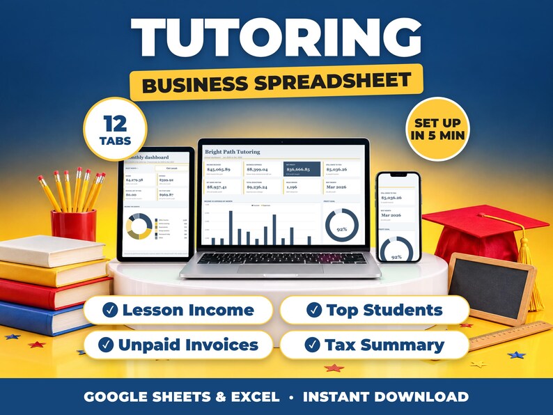 Tutoring bookkeeping spreadsheet for Google Sheets and Excel on laptop, tablet and phone