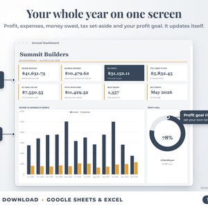 Annual dashboard with income, expenses, net profit, money owed, profit goal ring and category charts