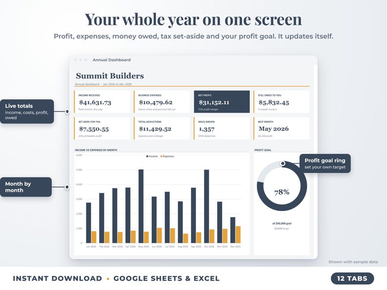 Annual dashboard with income, expenses, net profit, money owed, profit goal ring and category charts