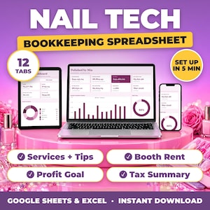 Hoja de cálculo para técnicos de uñas / Seguimiento de ingresos, propinas y gastos del negocio de uñas, alquiler de cabina, contabilidad (Google Sheets + Excel)