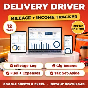 Rideshare Tracker & Delivery Driver Expense Log, Gig Income Tracker, Food Delivery Tracker, Mileage Log Spreadsheet (Google Sheets + Excel)