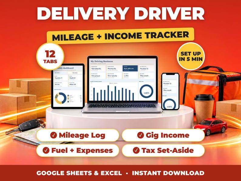 Delivery Driver bookkeeping spreadsheet for Google Sheets and Excel on laptop, tablet and phone