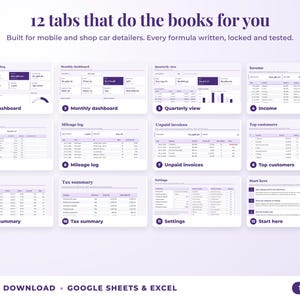 All 12 tabs of the bookkeeping spreadsheet: dashboards, income, expenses, mileage, unpaid invoices, top clients, tax summary