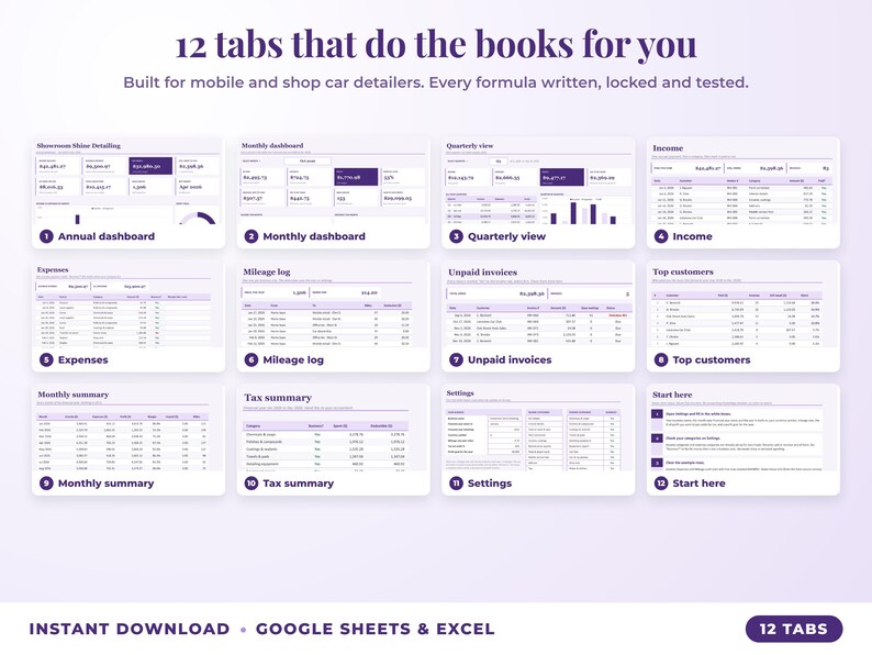 All 12 tabs of the bookkeeping spreadsheet: dashboards, income, expenses, mileage, unpaid invoices, top clients, tax summary