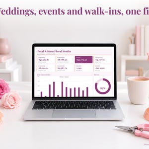 Florist bookkeeping spreadsheet annual dashboard open on a laptop on a desk