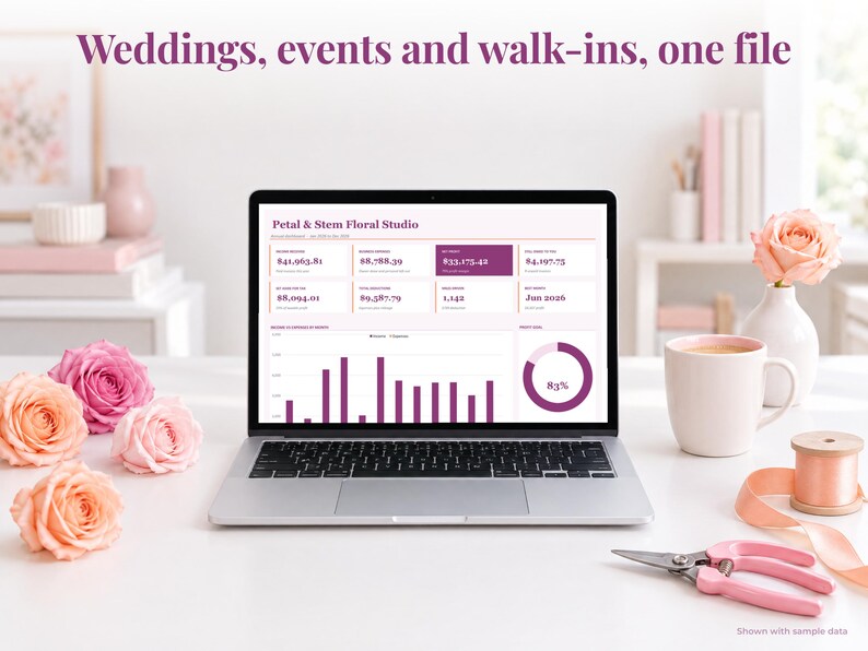 Florist bookkeeping spreadsheet annual dashboard open on a laptop on a desk