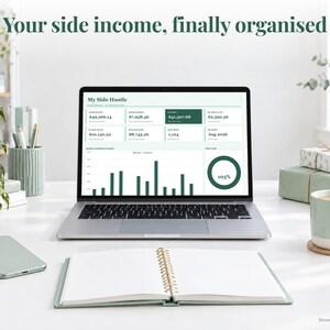 Side Hustle bookkeeping spreadsheet annual dashboard open on a laptop on a desk