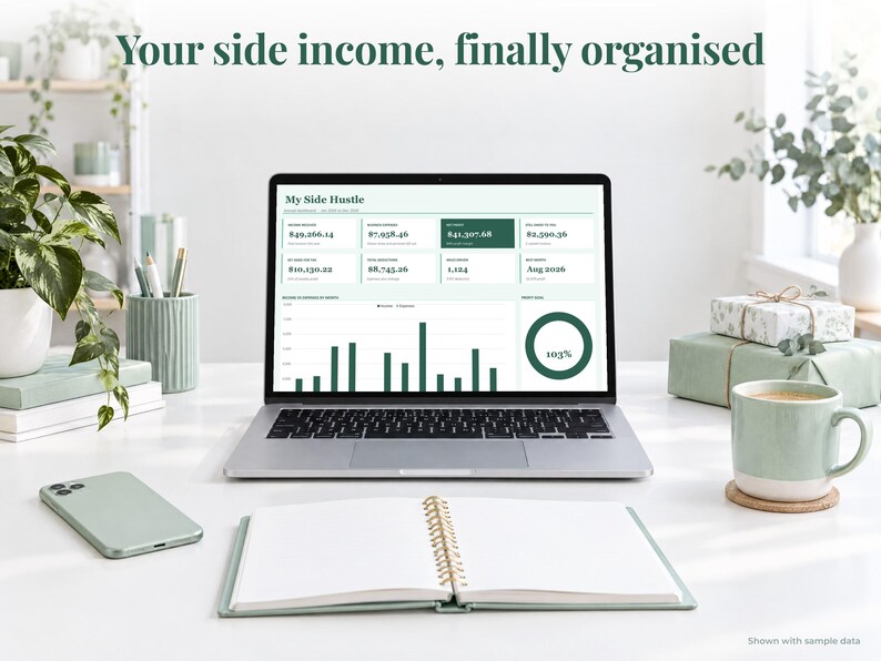 Side Hustle bookkeeping spreadsheet annual dashboard open on a laptop on a desk