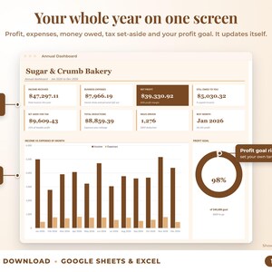 Annual dashboard with income, expenses, net profit, money owed, profit goal ring and category charts