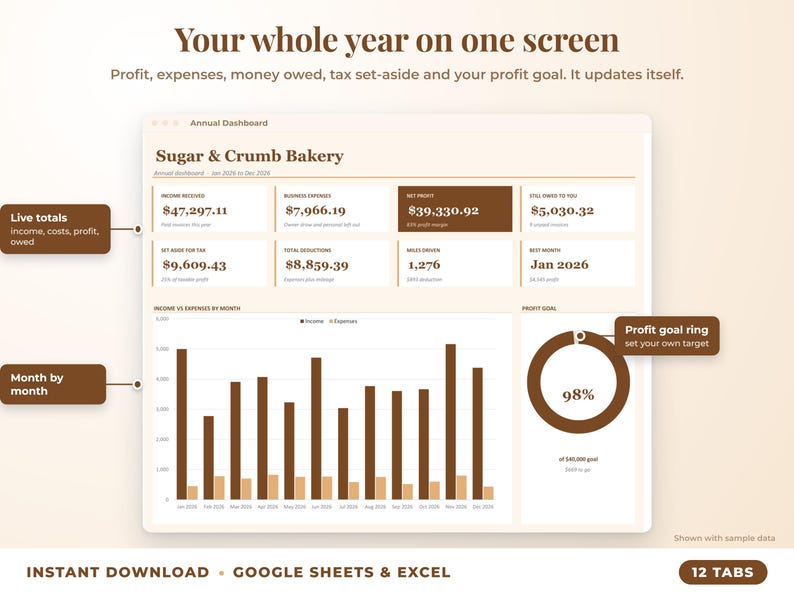 Annual dashboard with income, expenses, net profit, money owed, profit goal ring and category charts