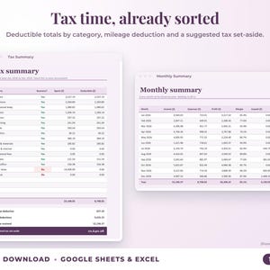 Tax summary with deductible totals, mileage deduction and suggested tax set-aside, plus monthly summary
