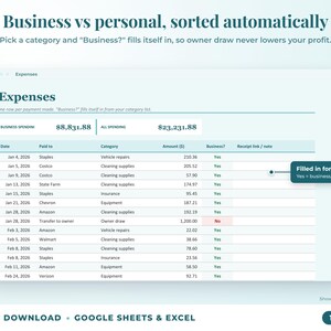 Expenses sheet where business or personal is filled in automatically from the category