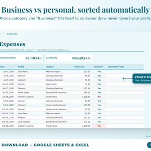 Expenses sheet where business or personal is filled in automatically from the category