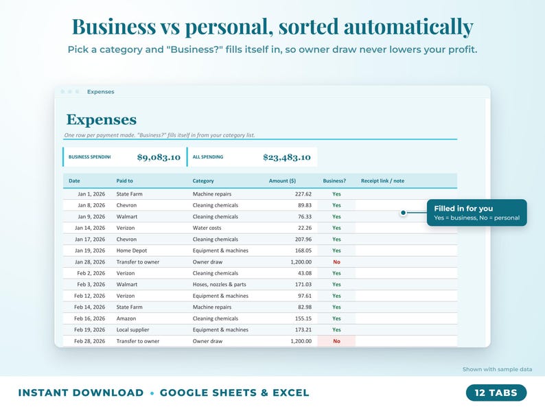 Expenses sheet where business or personal is filled in automatically from the category