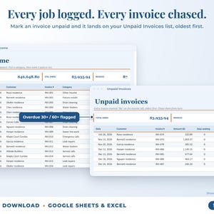 Income sheet and unpaid invoices list with overdue flags