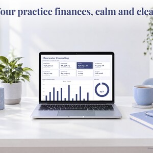 Private Practice bookkeeping spreadsheet annual dashboard open on a laptop on a desk