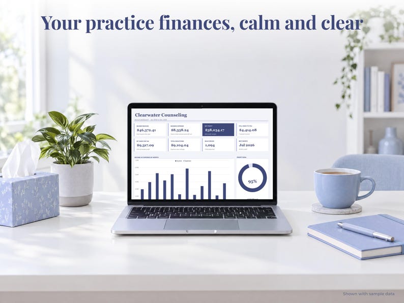 Private Practice bookkeeping spreadsheet annual dashboard open on a laptop on a desk