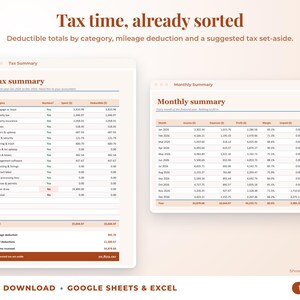 Tax summary with deductible totals, mileage deduction and suggested tax set-aside, plus monthly summary