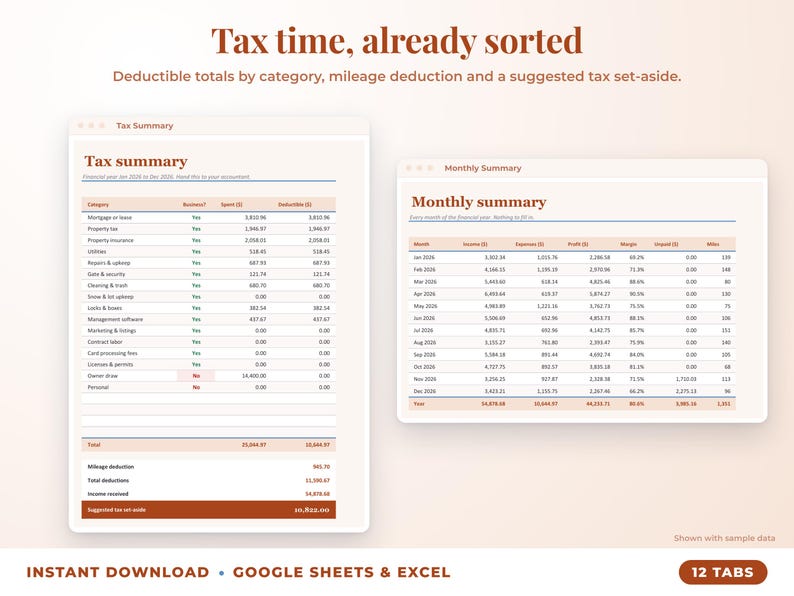 Tax summary with deductible totals, mileage deduction and suggested tax set-aside, plus monthly summary