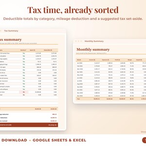 Tax summary with deductible totals, mileage deduction and suggested tax set-aside, plus monthly summary