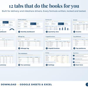 All 12 tabs of the bookkeeping spreadsheet: dashboards, income, expenses, mileage, unpaid invoices, top clients, tax summary